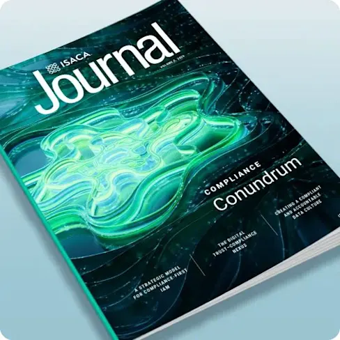 ISACA Journal cover featuring neon green abstract design with Compliance Conundrum theme